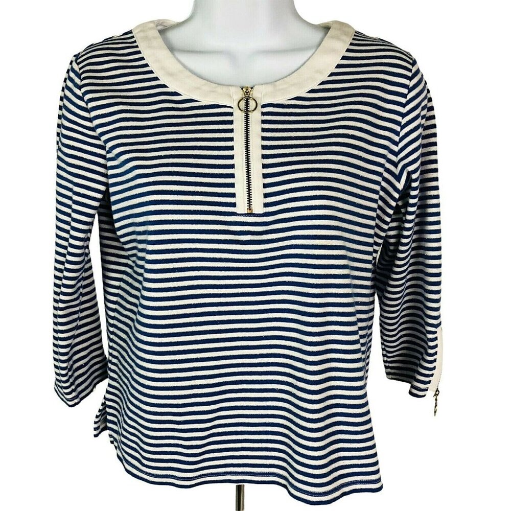 Drapers and Damonds Petites Womens Top Size PS Blue White Stripes Zipper Front